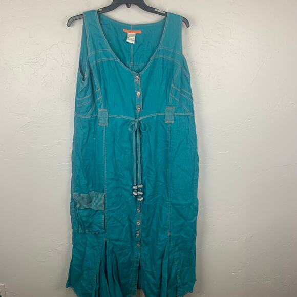 Alain Weiz Linen Dress Womens 20 Sleeveless Linen Button Front Boho Pocket - Picture 1 of 6